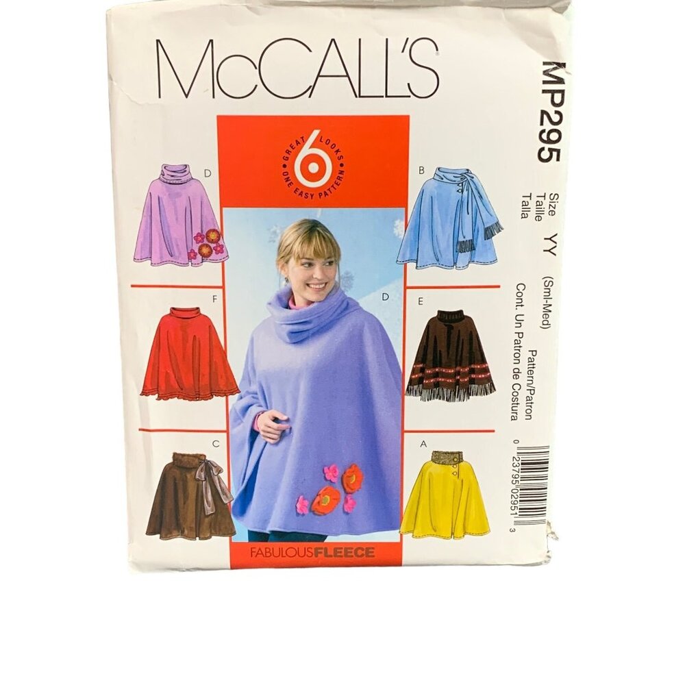 McCalls Sewing Pattern MP295 Fleece Ponchos Capes Wraps Size Small-Medium-Large